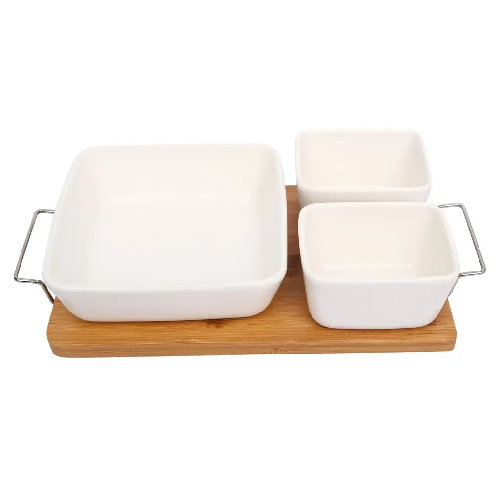 YL2254 DS-ST2003 2 Square & 1 Large Party Ceramic Dish w/Wood Tray