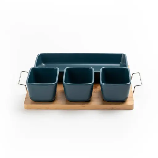 [YL2253] YL2253 DS-ST2002 3 Square & 1 Rectangle Party Ceramic Dish W/Wood Tray