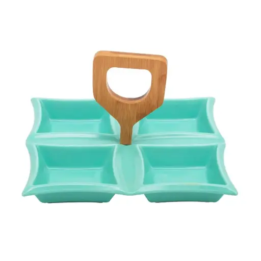 [YL2260] YL2260 DS-ST2010 3 Square Shape Party Ceramic Dish w/Wood Stand