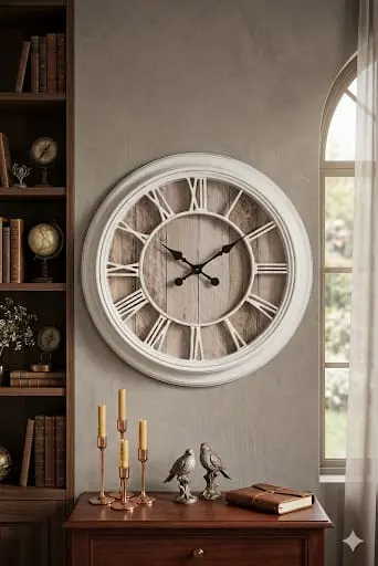 [HL3236-2] [HL3236-2] 5993H LARGE WALL CLOCK WHITE WITH WOODEN BACKGROUD