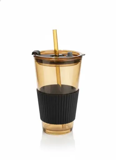 [15016] [15016] 450ML GLASS CUP WITH SILICONE GRIP & GLASS STRAW- LZY3174 [NEW]