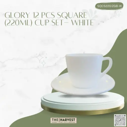 [[SQCS220W]] [SQCS220W]- GLORY 12 PCS SQUARE (220ML) CUP SET- WHITE